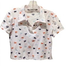 Maeve Anthropologie Polo Shirt Womens L Embroidered Bow Cropped Tennis Prep picture