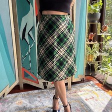 1960s Green Tartan Plaid Wool A-Line Midi Skirt XS/SM picture
