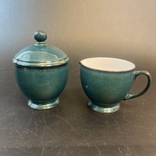 Vtg Denby Greenwich England Stoneware Creamer Cream Sugar Lidded Bowl Green Set picture