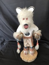 Navajo Native American Made Kachina Doll Bear Artist Signed Fur Feather Wood picture