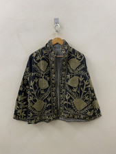 Handmade Black  TNT  Embroidered Jacket Gold Floral Folk Bohemian Festival Coat picture