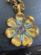 Vintage Trifari Gold Tone Flower Necklace with Teal Rhinestone picture
