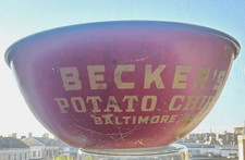 Rare Becker's Potato Chips vintage red/white advertising tin bowl, Baltimore MD picture