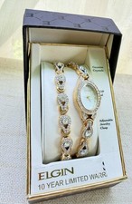 Elgin Women’s Gold Tone Quartz Bracelet Watch Oval MOP Dial Box picture