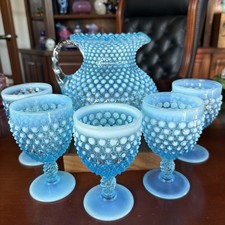 Exquiste Vintage Fenton Blue Opalescent English Hobnail 6 pc Water Set Ex Cond picture