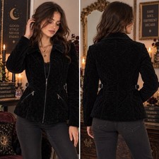 Vintage Womens Small Black Velvet Quilted Jacket Y2K Whimsigoth Buckle Waist EUC picture