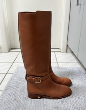 Tory Burch brown leather knee high riding boots round toe zip buckle size 6 picture