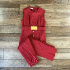 60s VINTAGE Neiman Marcus Red 2-Pc Tunic Belt Pants Set Size XS Gold #36D4 picture