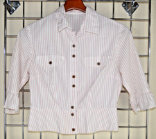 Vintage 70s Womens Shirt S/M White Red Stripes Lined Peplum Hem Ruffled Sleeve picture