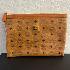 MCM Brown Logo Leather Zip Clutch Bag Unisex Adults 100% AUTHENTIC WITH CARDS picture