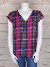 TORRID 2 Pink Blue Pop Plaid Harper Georgette Hook & Eye Blouse Tulip Sleeve EUC picture