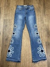 Ashley Mason Premium Floral Patch Flare Jeans Light Wash Blue Denim 1/25 Juniors picture