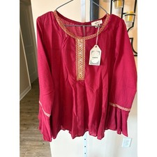 Entro Burgundy Boho Embroidered Bell Sleeve Blouse Top Medium NWT picture
