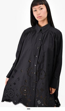 Ganni Black Shirt Dress S Eyelet Embroidered Lace Collared Long Sleeve Button picture