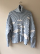 Adika Light Blue Fuzzy Sweater Turtle-neck Clouds Whimsy Distressed Oversize M-L picture