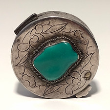 Vintage Native American GB Continental Silver And Turquoise Stone Pill Box .800 picture