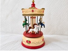 Vintage Wooden Carousel Music Box Jingle Bells Rotating Horses Taiwan ROC picture