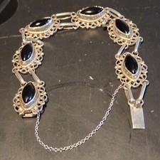 Vtg Black Onyx 925 Sterling Silver Bracelet Mexico With Safety Chain & Box Clasp picture