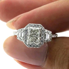 2.30Ctw Radiant Cut Moissanite Three Stone Engagement Ring 14K White Gold Plated picture