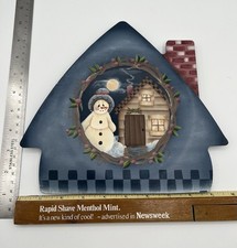 Vtg Hand Painted Wooden Snowman Wall Plaque Country Cottage Decor Art Winter picture