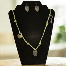 Vintage Green Suede and Gold Tone Owl Charm Necklace and Earring Set picture