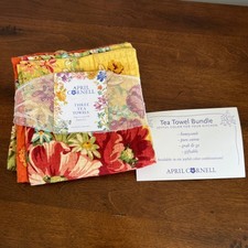 April Cornell 3 Tea Towels Set Floral Honeycomb Pure Cotton Orange Yellow Teal picture