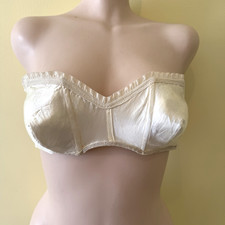 VTG 40s 50s Satin Strapless Bra Boned w Stays  & Ruffled Trim Bandeau Ivory 32A picture