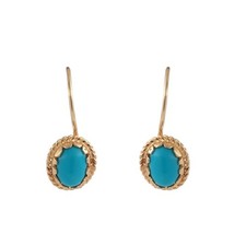 14K Yellow Gold Reconstituted Turquoise Cabochon Oval Rope Frame Dangle Earrings picture
