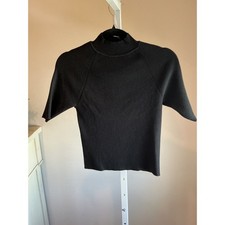 AQUA Black Ribbed Mock Neck Cutout Back Short Sleeve Sweater Small NWT picture
