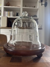 Vintage Clear Glass Cloche Dome Wooden Round Footed Base MCM picture