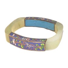 RARE VTG LARGE 15MM CELADON CARVED JADE & CLOISONNE LOTUS FLOWER BANGLE BRACELET picture