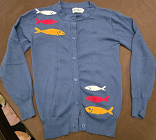 OXKNIT Women’s S 100% Cotton Knit Blue Fish Graphic Button-Front Cardigan picture
