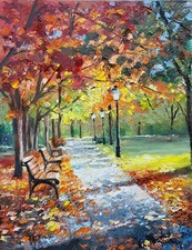 YARY DLUHOS Autumn Park Fall Landscape Trees Leaves Original Art Oil Painting picture