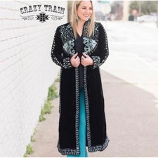 Crazy Train Womens Black Velvet Beaded Southwestern Duster Jacket Kimono Large picture