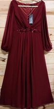 NWT Ever Pretty Burgundy Chiffon Floor Length Gown w/Sheer Lantern Sleeves  #E picture
