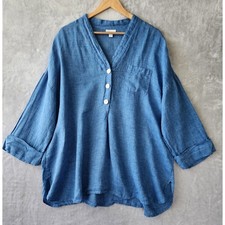 J. Jill Linen Top Womens Size XL Blue Button Neck Blouse Shirt Pocket Pure 100% picture