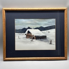 Original Watercolor Winter Landscape Painting Arches Paper Cabin Snow Framed Art picture