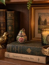Vintage Cloisonné Pear Trinket Box Whimsy Floral Enamel Brass Chinoiserie Decor picture