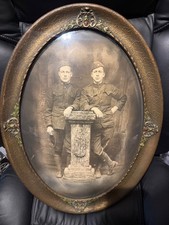 Antique WWI US Army Soldiers Oval Convex Bubble Glass Ornate Frame Picture Photo picture