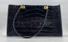 Staud Black Croc Embossed Leather Shirley Tote Gold Hardware White Stitching picture