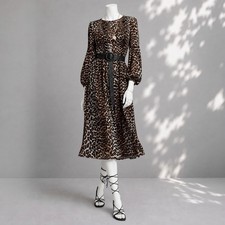 Ganni Printed Georgette Dress S Brown Black Leopard Smocked Long Sleeve picture