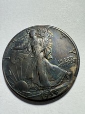 1944 Walking Liberty Half Dollar AU ++ : Monster Rainbow Tone - .9 Fine Silver  picture