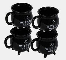 (4) Witches Brew Cauldron Mugs – Black Stoneware Coffee Tea Cup Witchy Gift picture