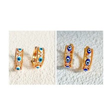 Gold Filled Evil Eye Hoop Earrings Bundle Lot Light & Dark Blue 2 Pairs picture