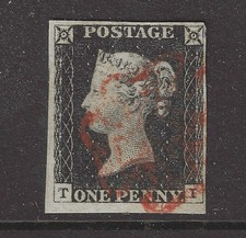 SG2 1840 1d black Stamp, TI, plate 2, 4 good margins, GB, QV, Red Maltese Cross picture