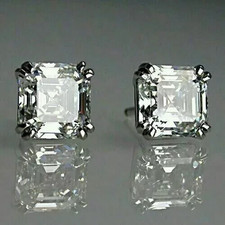 RARE 6.00 Ct Certified Asscher Cut Natural White Diamond Studs White Gold Finish picture