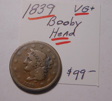 THE EVER-DISAPPEARING 1839 BOOBY HEAD    LARGE CENT CHOCOLATE BROWN VG ✨✨ picture