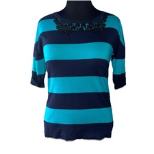 Boden Top Women’s Sz 6 Wool Blend Blue Striped Embellished Short Sleeve Sweater picture