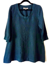 FLAX Linen SMALL Tunic Teal Blue Scoop Neck 3/4 Sleeves Cotton/Spandex Trim NEW picture