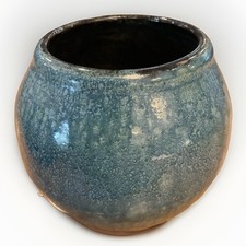 Vintage Signed JR Studio Art Pottery Planter Vase Blue Teal Mottled Glaze 5” picture